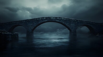 Fototapeta premium Symbolic bridge spanning over dark tranquil waters representing the crossing of difficult times and challenges The image provides ample copy space for text overlay or messaging
