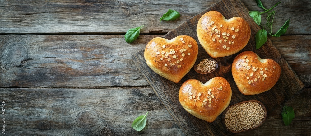 Poster background featuring heart shaped buns grains and seeds on rustic wooden boards with ample copy spac