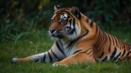 Fototapeta premium Close Up of a A Siberian tiger, resting in a lush, green meadow, one of the world's most iconic and endangered creatures.