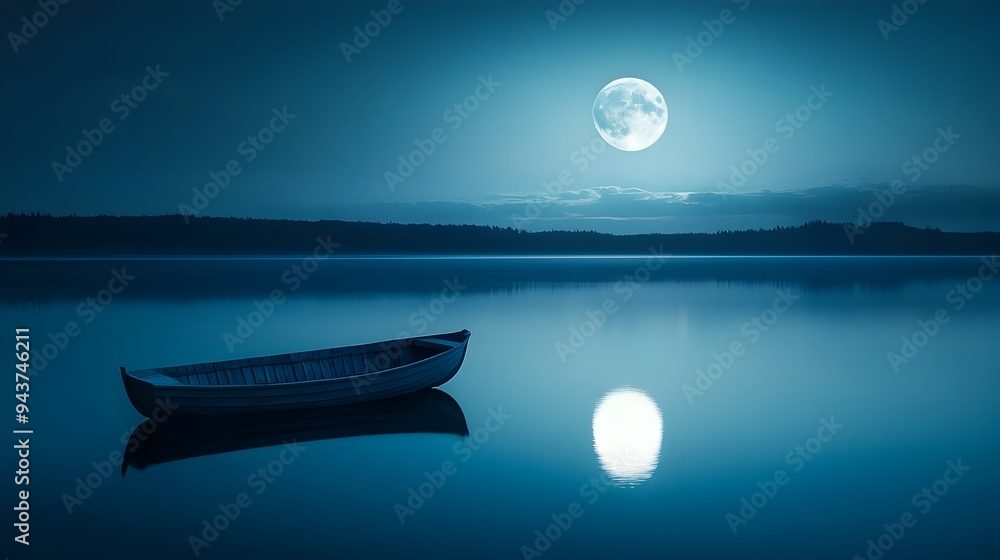 Poster a lone boat gently floating on a calm lake under the luminous glow of a full moon creating a serene 