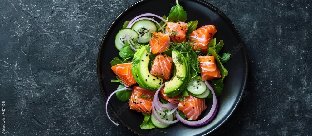 Poster raw salmon avocado and purple onion salad presented in a culinary ring on a black plate black concre