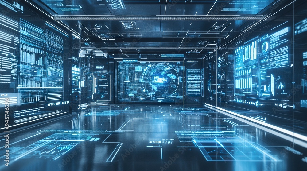 Poster futuristic digital interface room showcasing interactive data visualization in a high-tech environme