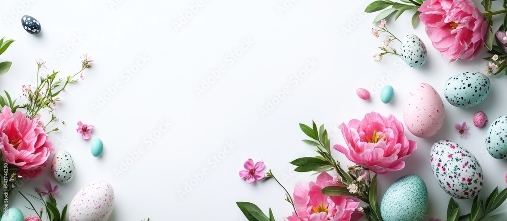 Leinwandbilder easter arrangement spring flowers and easter eggs on a white background top view. with copy space im