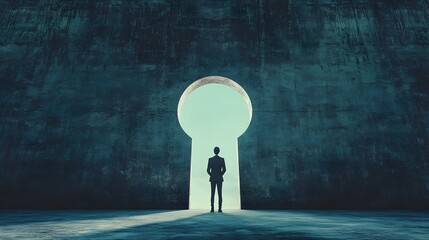 Person standing before a giant metaphorical keyhole symbolizing the key to unlocking success achievement and personal growth  The image represents the concept of opportunity potential