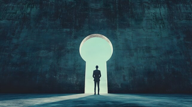 Person standing before a giant metaphorical keyhole symbolizing the key to unlocking success achievement and personal growth  The image represents the concept of opportunity potential