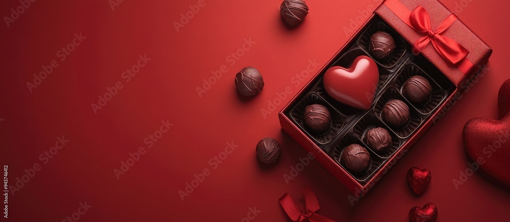 Poster Red heart shape gift box and chocolate truffles set against a red backdrop Valentine s Day theme. with copy space image. Place for adding text or design