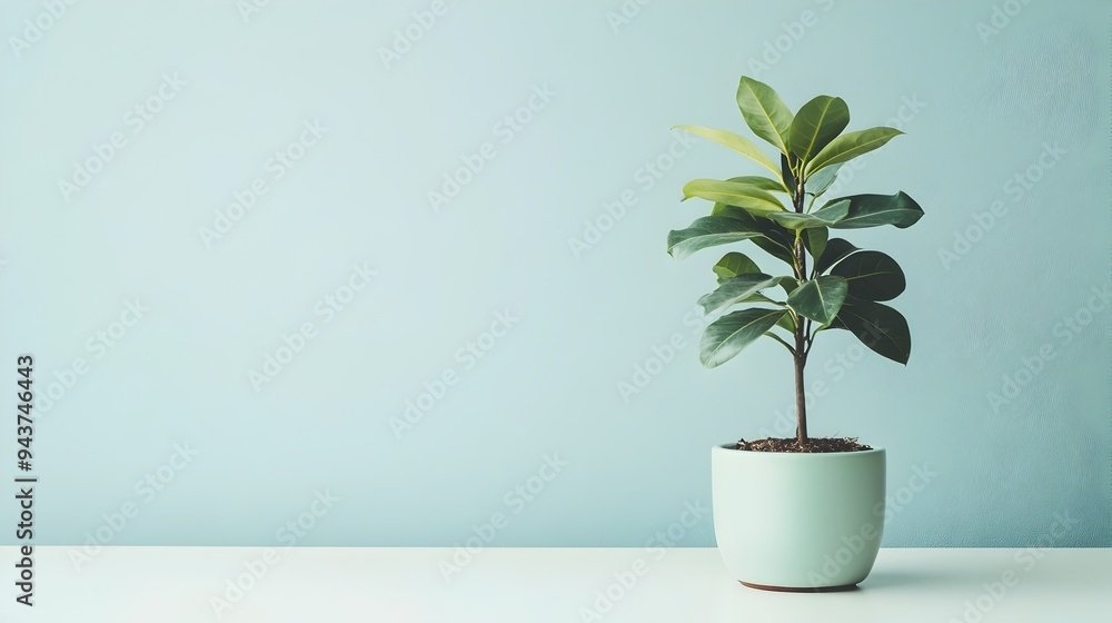 Poster minimalist still life of a single potted plant on a plain white table surface with ample blank copy 