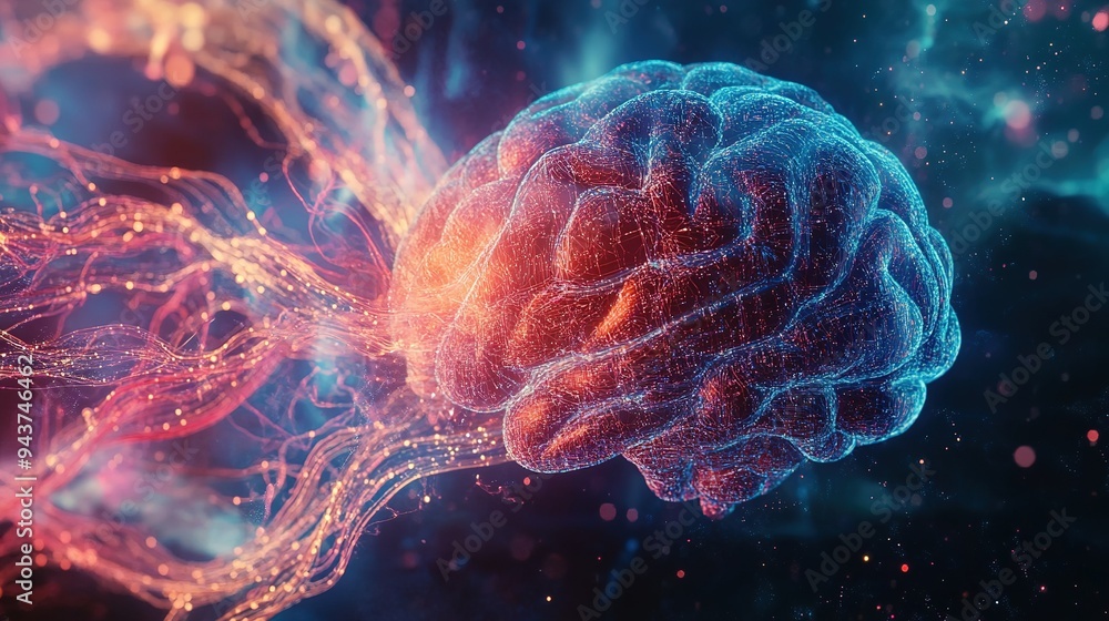 Poster an abstract representation of a colorful brain with flowing energy patterns amidst a dark cosmic bac