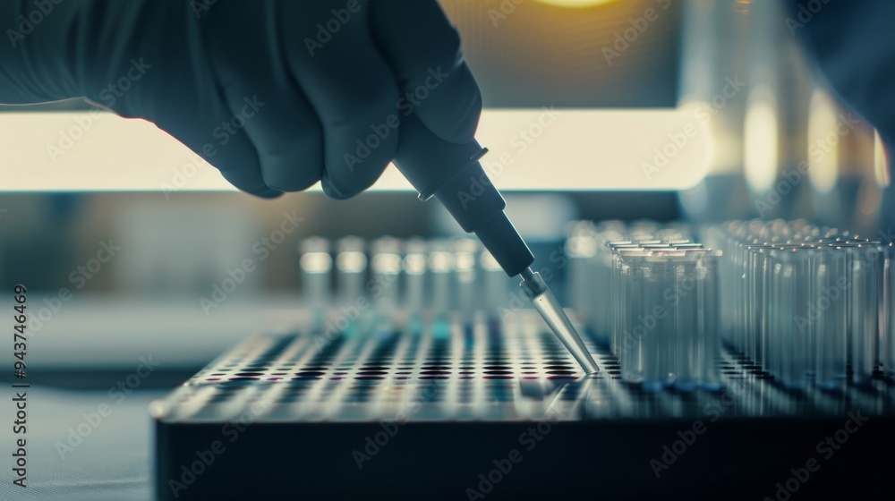 Poster lab professional using pipette for sample transfer into microplate
