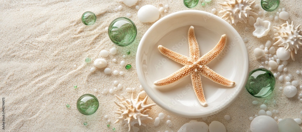 Poster white plate with coral skeleton and natural starfish on a sand background accompanied by green and c