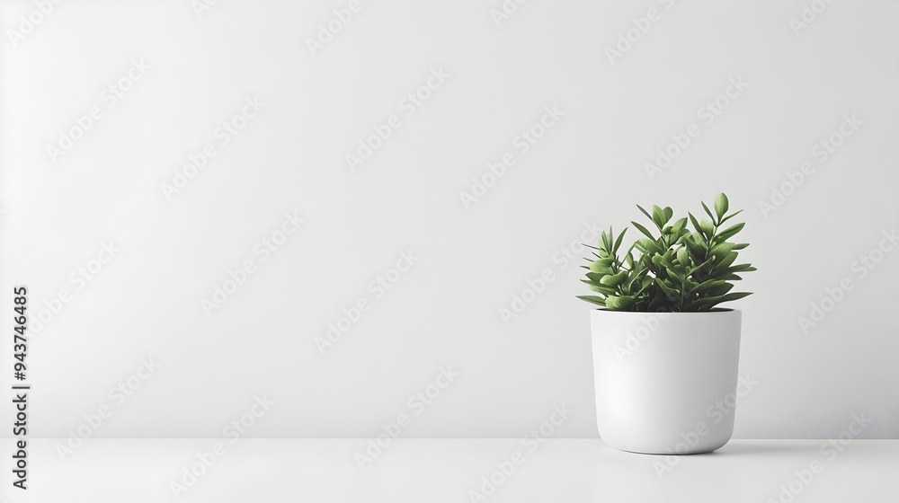 Poster solitary potted plant on a plain white table with ample copy space for text or graphic overlays mini