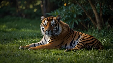 Fototapeta premium Close Up of a A Siberian tiger, resting in a lush, green meadow, one of the world's most iconic and endangered creatures.