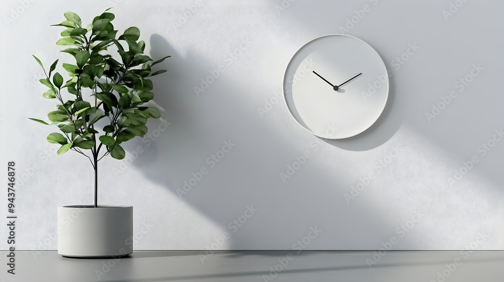 Poster a minimalist clock design with no numbers displayed on a plain wall providing ample copy space for t