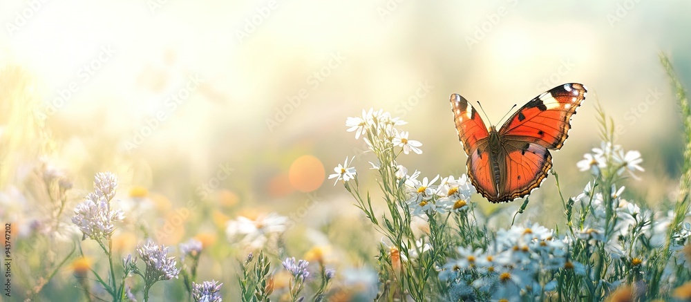 Poster the concept of nature butterfly and wildflowers. with copy space image. place for adding text or des
