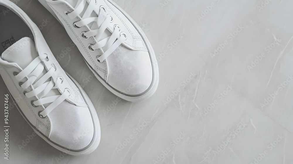 Aufkleber a pair of simple white sneakers displayed on a clean plain floor with ample copy space for text over
