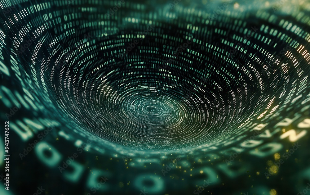 Poster abstract digital binary code swirling into vortex, green and yellow colors, 3d render.
