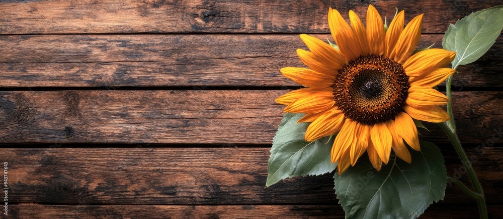Aufkleber yellow sunflower against a brown wooden backdrop autumn image showcasing the harvest. with copy spac