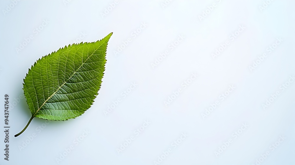 Poster solitary elegant green leaf against a plain white background with ample copy space for text overlays