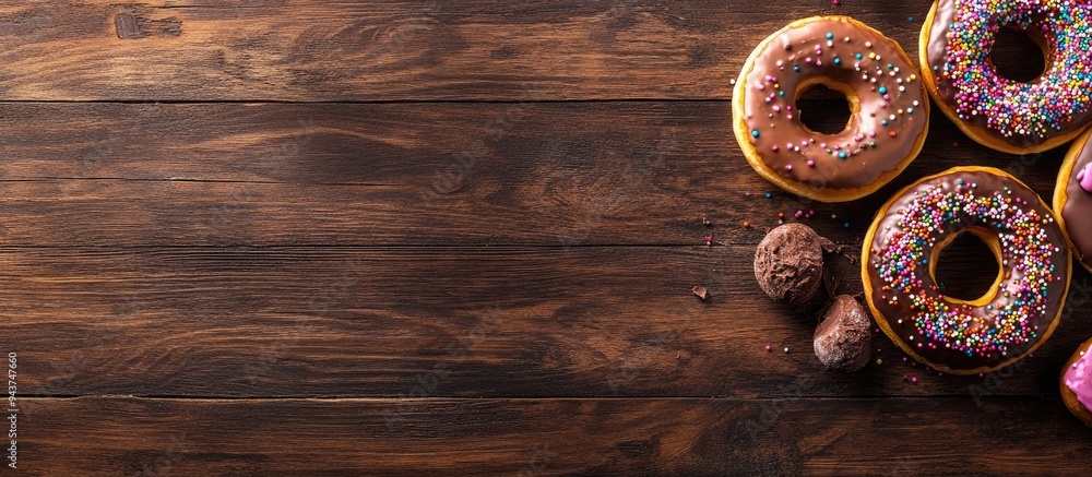 Fototapete Assorted donuts on a wooden background viewed from above with empty space for text Chocolate and vanilla frosted donuts adorned with colorful sprinkles Glazed donuts with sprinkles on a wooden surfac