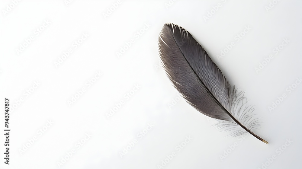 Poster A single delicate feather resting gracefully on a clean pristine white surface creating a serene and minimalist composition with ample copy space for text or design elements