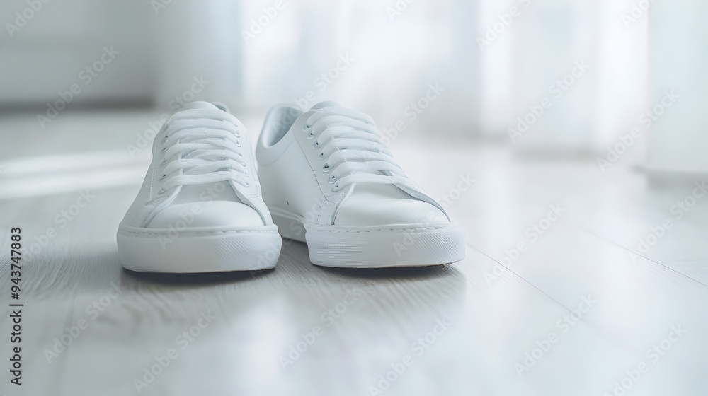 Poster pair of simple and elegant white sneakers resting on a clean and uncluttered floor with ample copy s