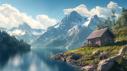 Fototapeta premium A rustic cabin perched on a hillside, overlooking a tranquil lake and majestic mountains