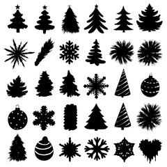 Obraz premium Silhouettes of festive Christmas trees and ornaments for holidays