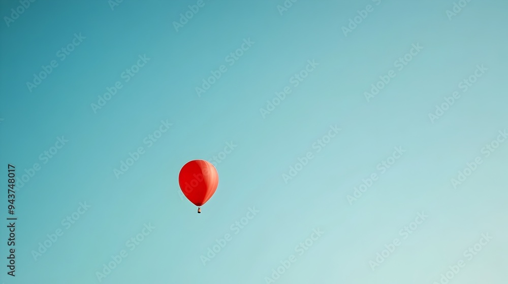 Poster a single floating balloon drifting peacefully against a clear blue sky with abundant copy space for 