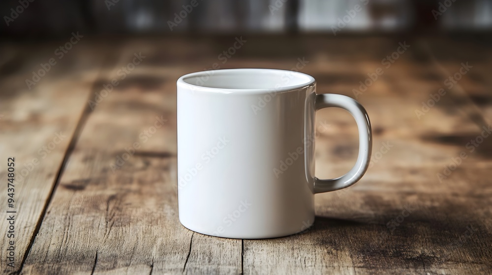 Poster A simple and minimalist image of a plain white ceramic mug placed on a wooden table surface with ample copy space around the mug for text or design elements