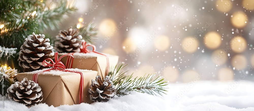 Aufkleber christmas gifts and snow covered cones with blank space for text. with copy space image. place for a