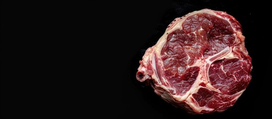 Obraz premium Slice of raw pork knuckle leg Fresh farm meat Black background Top view Copyspace