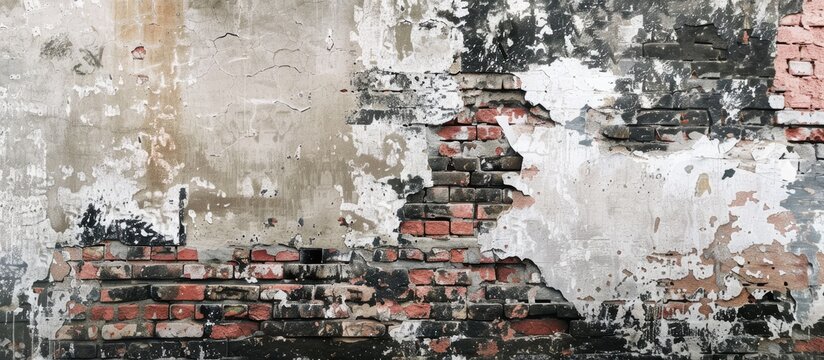 Fototapeta Vintage Old Whitewashed Graffiti Urban Brick Wall Textured Background White Painted Brick Horizontal Texture Abstract Dark Gray Stone Wall Wallpaper. with copy space image