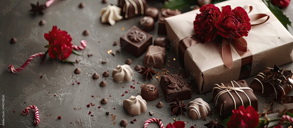 Aufkleber chocolate pieces a gift box and carnations. with copy space image. place for adding text or design