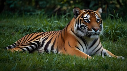 Close Up of a A Siberian tiger, resting in a lush, green meadow, one of the world's most iconic and endangered creatures.