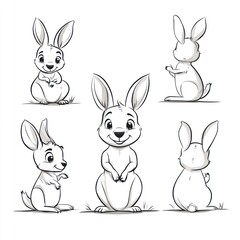 A collection of cartoon-style rabbit sketches showcasing various poses and expressions.