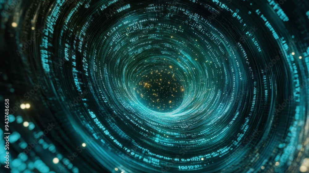 Poster abstract digital tunnel with binary code and glowing lights - futuristic technology background.