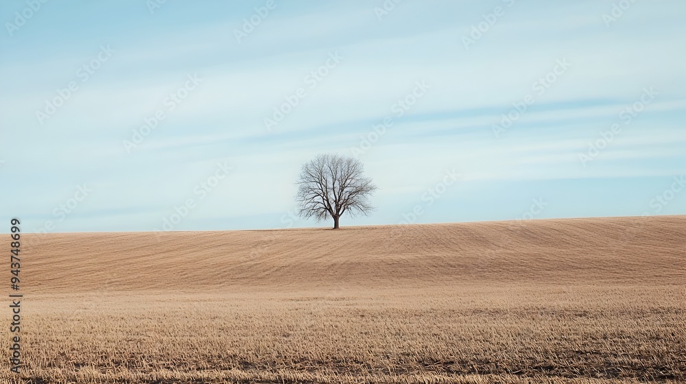 Poster minimalist landscape with a lone tree standing tall in a vast empty field providing ample copy space