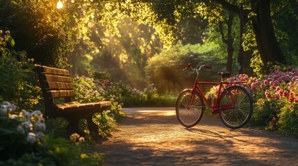 Fototapeta premium A beautiful park scene with a red bicycle resting on a path surrounded by lush greenery and vibrant flowers. The warm sunlight creates a serene atmosphere. Perfect for outdoor themes. AI