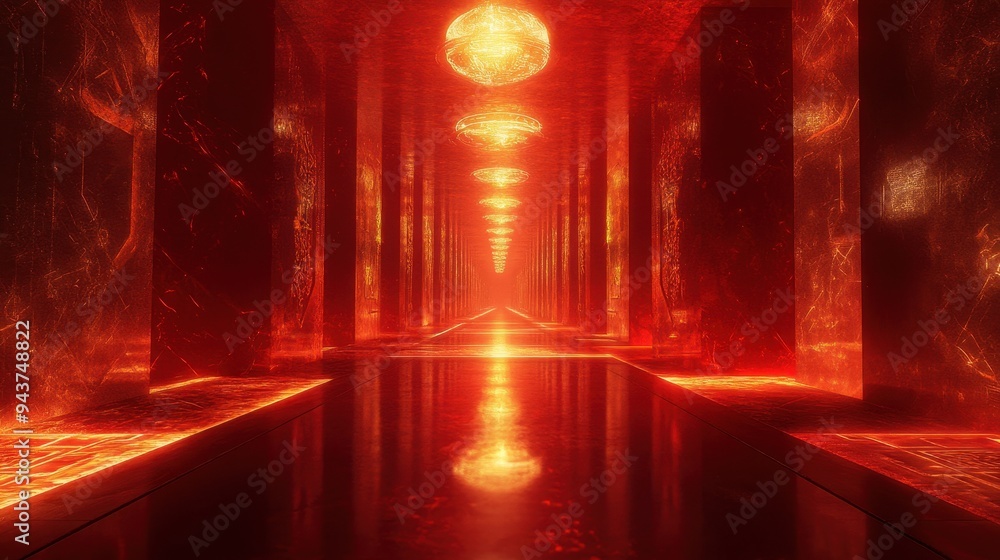 Poster glowing red hallway with reflective floor and light fixtures - abstract background image.