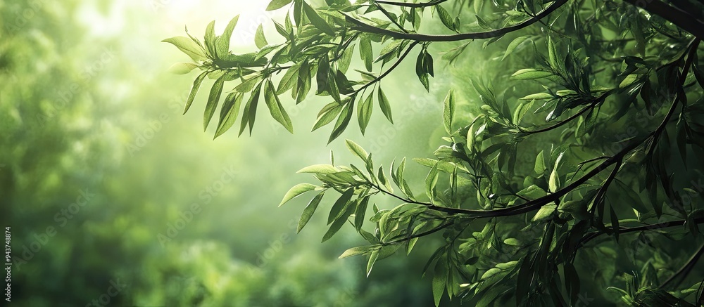 Fototapete green tree branches in a summer woodland botanical backdrop. with copy space image. place for adding