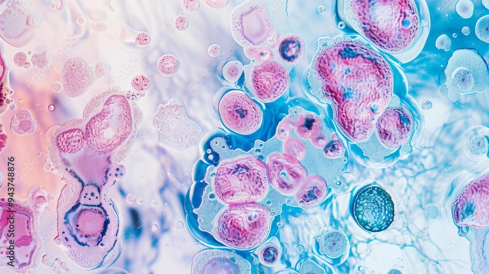 Poster microscope slide with stained cells viewed under high magnification
