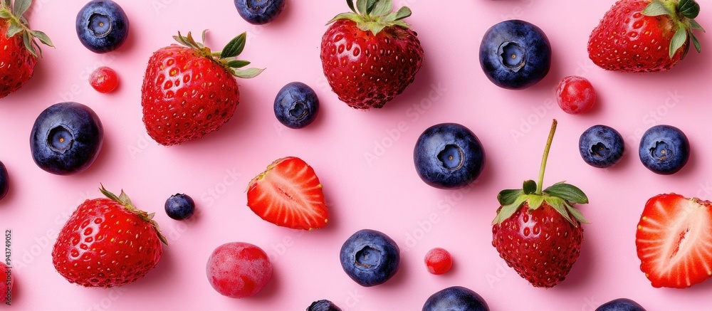 Poster strawberries and blueberries on a pink background top view. with copy space image. place for adding 