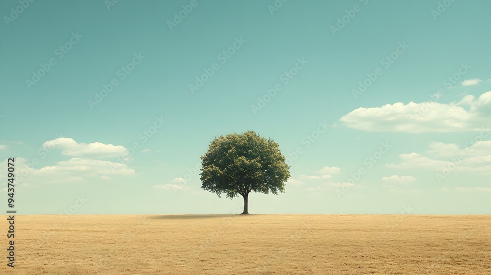 Poster minimalist landscape of a lone tree standing tall in a vast open field providing a peaceful and sere