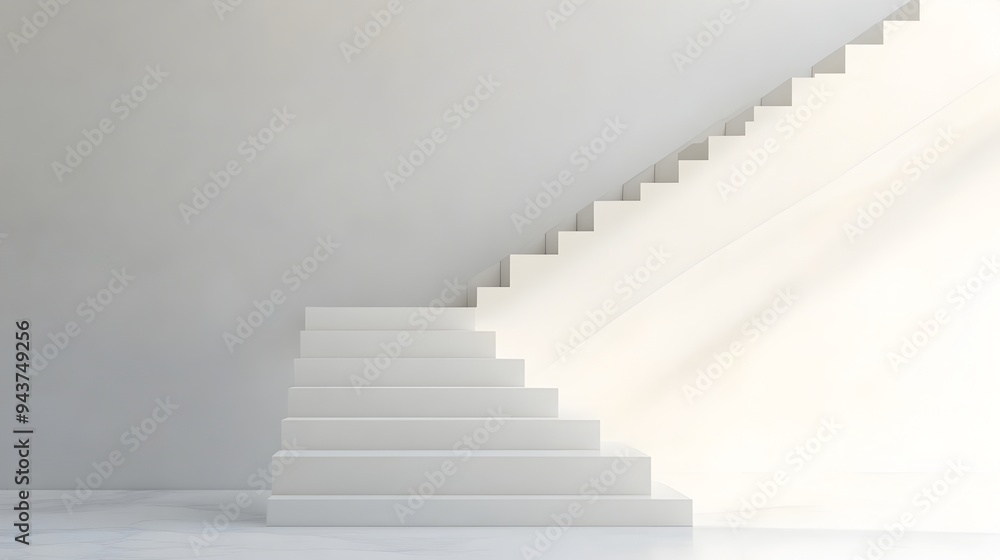 Poster minimalist and contemporary white staircase with a single highlighted step providing ample copy spac