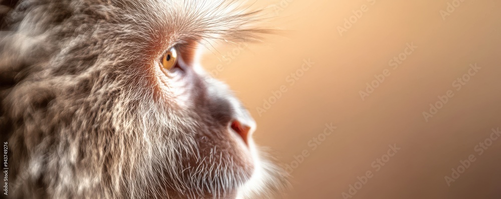 Poster close-up of a monkey's fur with sharp focus showcasing intricate details and textures in a warm-tone