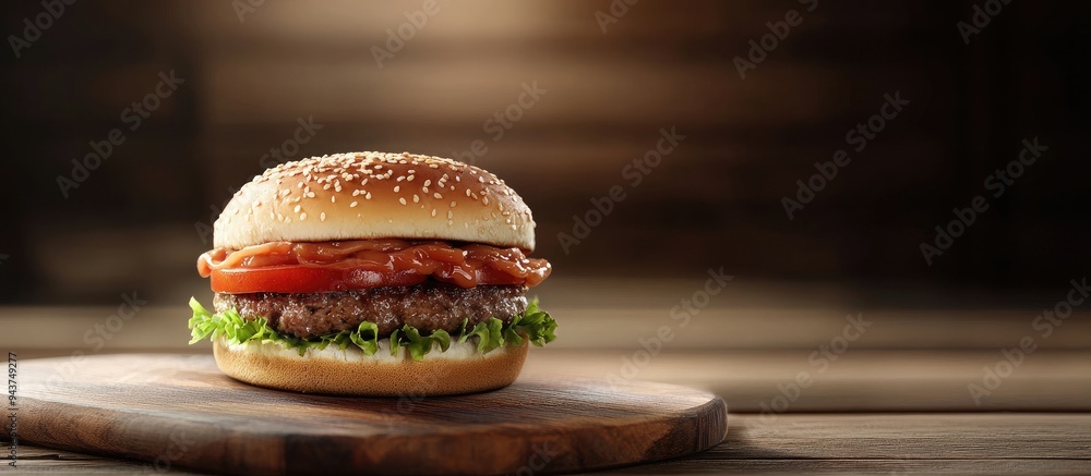 Poster pork burger on a cutting board. with copy space image. place for adding text or design