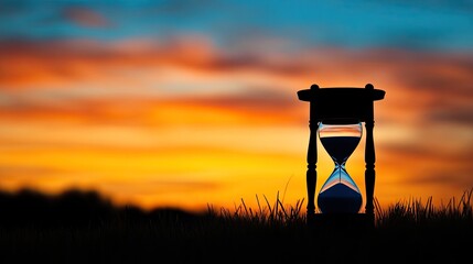 A silhouette of an hourglass against a vibrant sunset sky, time slipping away as day turns to night