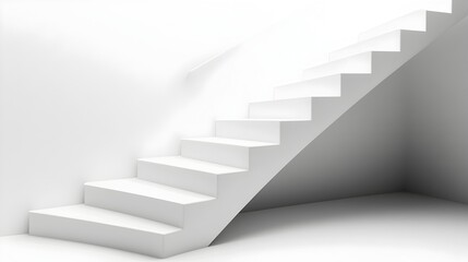 A clean modern white staircase with a single step highlighted providing a minimalist and elegant backdrop with ample copy space for any design or text overlay
