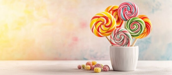 Vibrant candies in a cup on a table against a light background Oversized swirled lollipops A creative idea featuring a jar filled with delightful treats from the candy shop. with copy space image © vxnaghiyev