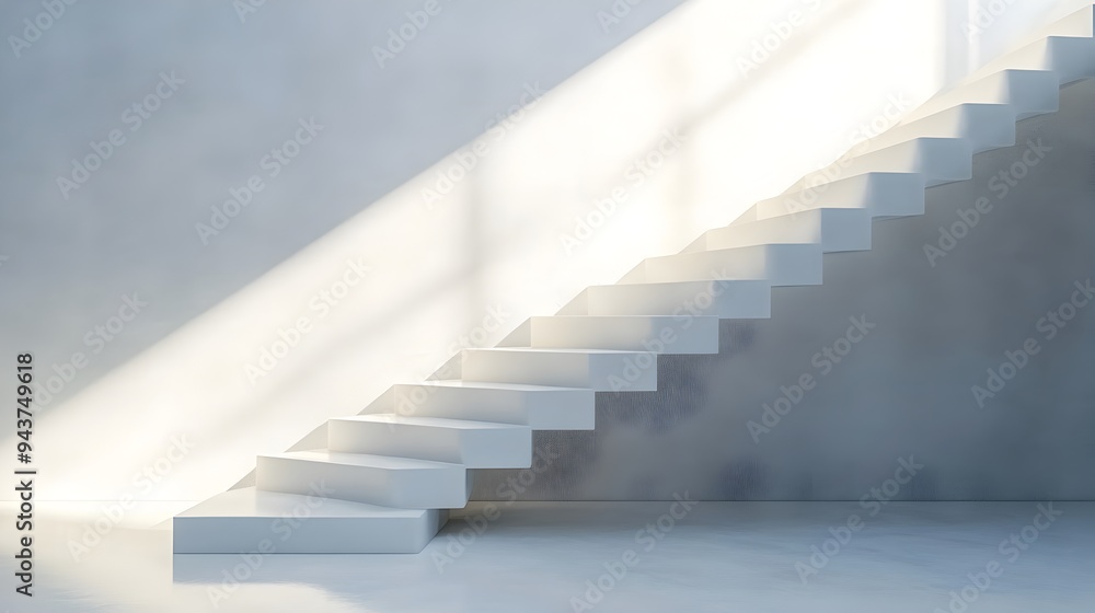 Poster a clean white staircase with a single highlighted step in a minimalist elegant and contemporary arch